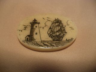 Scrimshaw Bone Worry Stone Ship / Lighthouse photo