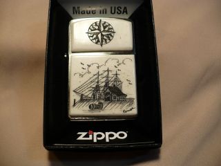 Scrimshaw Cow Bone Wide Zippo Lighterdock Scene - Compass Rose photo