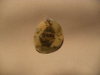 Scrimshaw Tagua Nut/ Pendant Ship photo