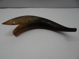 Antique Scrimshaw Bull Horn Carving Old Art Artwork Whale Design Figurine Nr photo