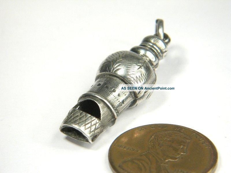 Antique Victorian English Silver Engraved Whistle Fob Charm C1880 Bells & Whistles photo