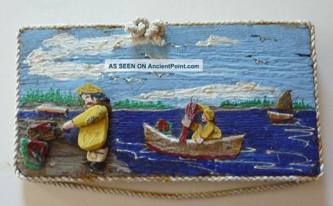 Fishing Scene,  Painted Rocks,  Painted Background,  Old Salt,  Sailboat,  On Board Folk Art photo