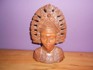 Balinese? Carved Wooden Bust,  Light Hardwood.  9 