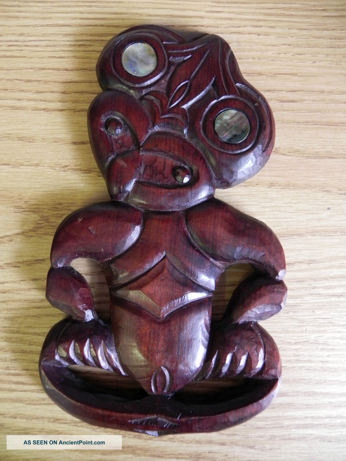 Large Vintage Carved Wooden Maori New Zealand Tiki With Mother Of Pearl Eyes Vgc Pacific Islands & Oceania photo