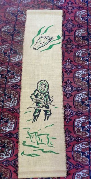Lovely Vintage Canadian Inuit Hessian Wall Hanging With Polar Bear & Label - Vgc photo