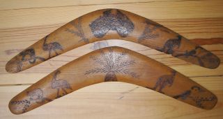 2 Lovely Old Antique Aboriginal Transitional Wooden Boomerangs W/ Pokerwork photo