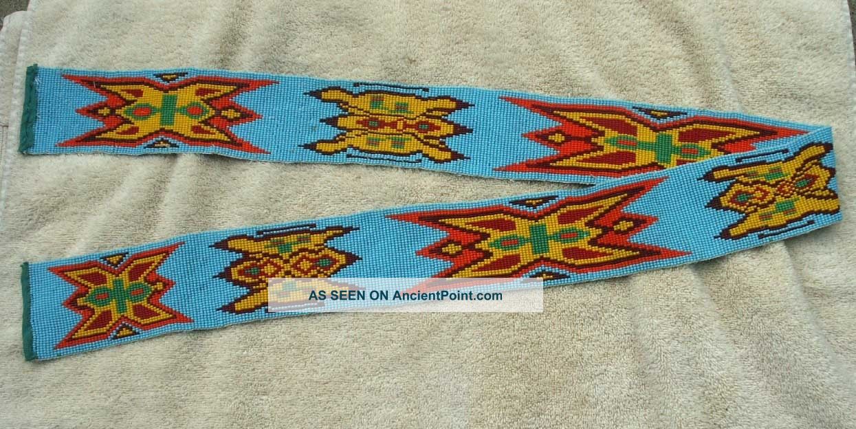 Antique Chippewa Indian Full Beaded Wide Belt - Light Blue - Stylized Design Native American photo