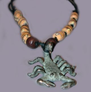 Jewelry Lost Wax Ashanti Bronze Scorpion Glass Beads Black Cord Necklace Ethnix photo