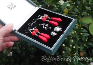 Vintage Red Japanese Millefiori Earrings Long Drops Glass Beads.  925 Silver photo