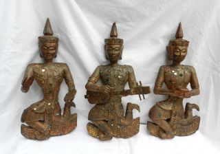 Antique Late 19th Century Hand Carved Wooden Thai Musicians / Thailand photo