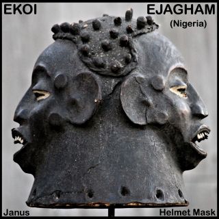 ►splendid Older Ekoi / Ejagham Janus - Head Skin - Covered Helmet Mask African Art photo