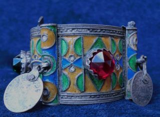 Antique Nbala Tanbelt Berber Bracelet Silver Enamel Glass & Coins photo