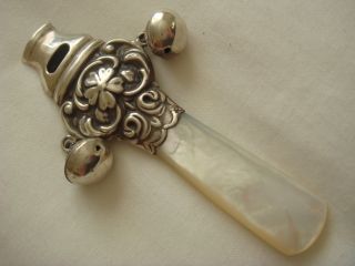 Solid Sterling Silver Hallmarked Baby Rattle 2 Bells+whistle + Real Mother Pearl photo