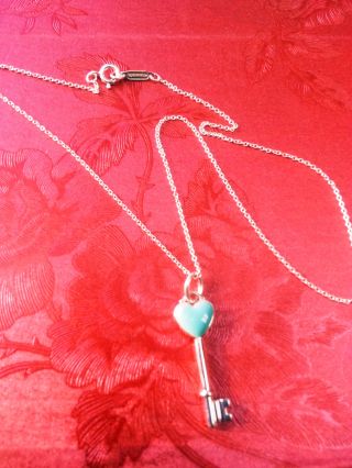 Tiffany & Co Silver Light Blue Enamel Overlay Heart Key Pendant & Necklace photo