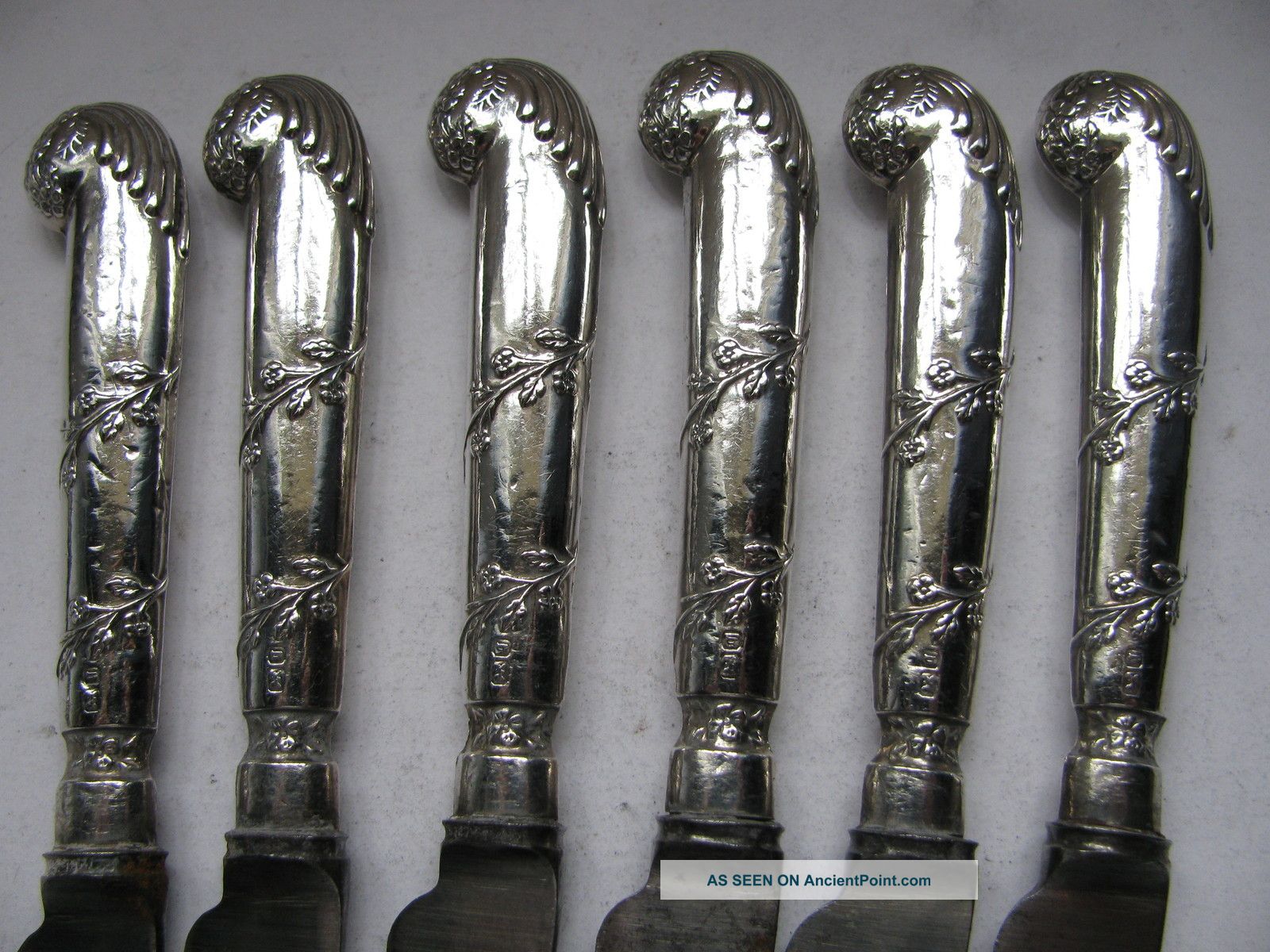 Set Of 6 Pistol Grip Solid Silver Handled Tea Knives Sheffield 1908 By John Batt Other photo