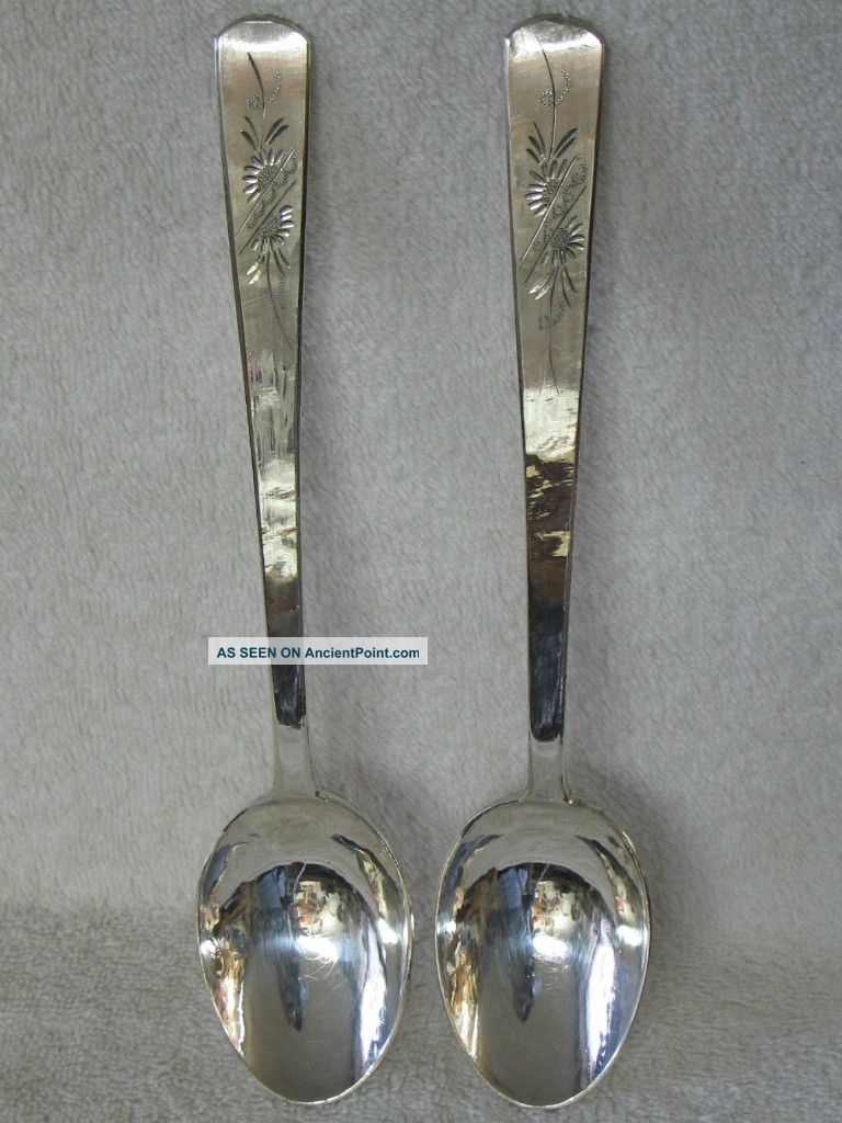 Chinese Japanese Sterling Silver Tablespoon Spoon Set Of 2 Bright Cut Floral Other photo