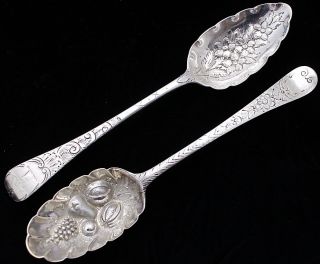 2 Fine 18th Century Georgian Period Sterling Silver Repousse Fruit Berry Spoons photo
