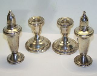 Set Sterling Silver Candlesticks And Salt And Peppers Weight 483 Grams Not Scrap photo