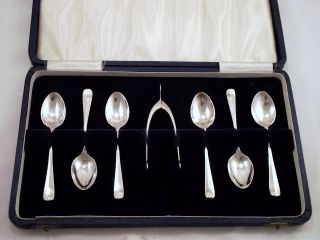 Six Sterling Silver Demi - Tasse / Coffee Spoons & Wish Bone Sugar Tongs - 1937 photo