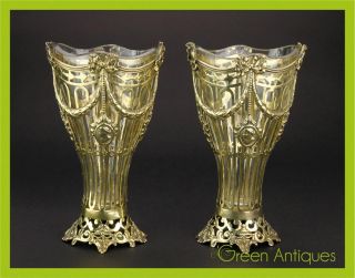 Antique 20thc German Pair Of Imported Solid Gilded Silver & Glass Vases C.  1902 photo
