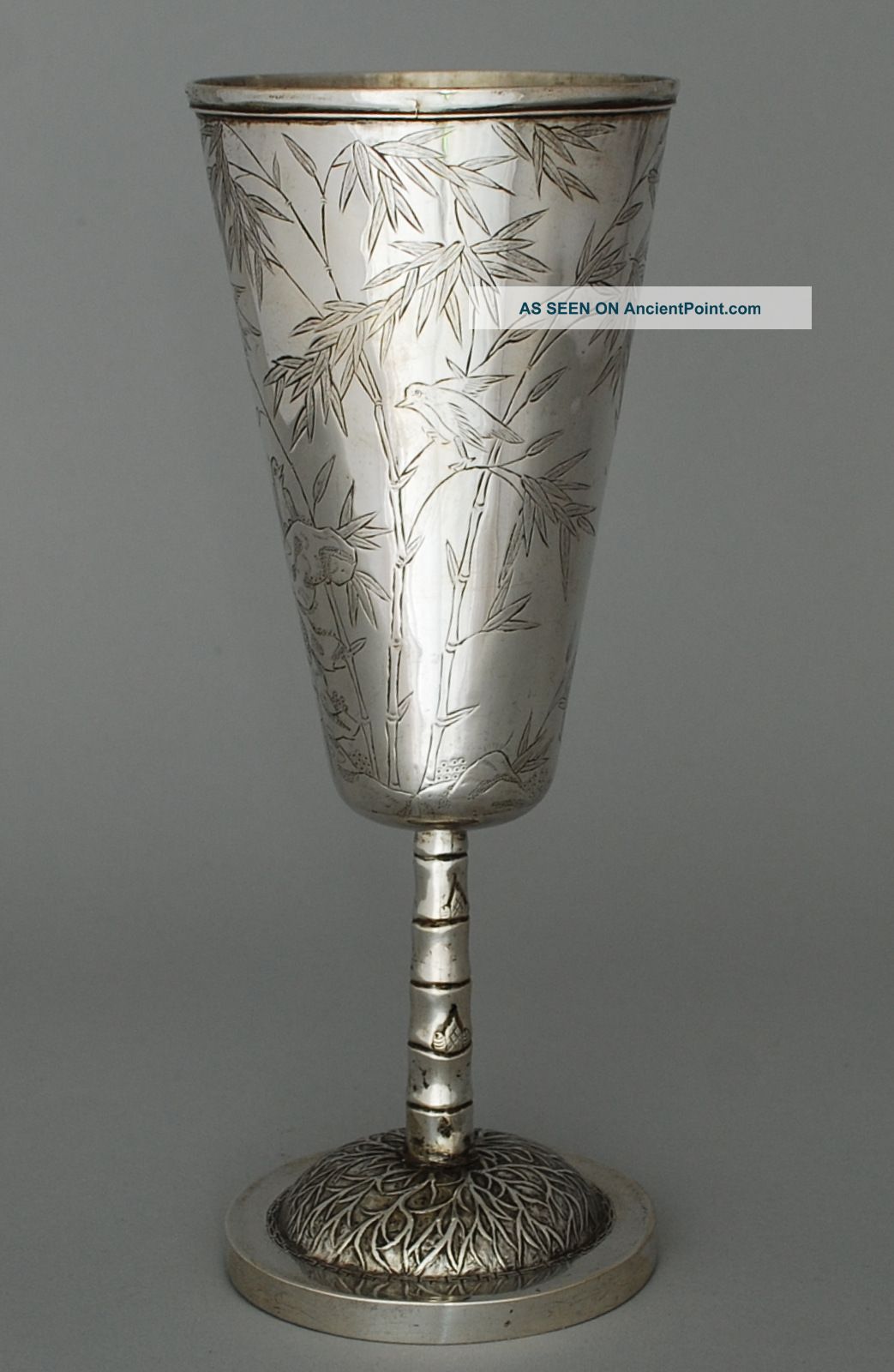 Chinese Export Silver Goblet,  Bamboo Stem,  Repousse,  Finely Engraved,  1900,  Signed Asia photo