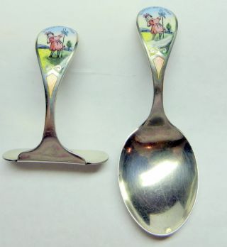 Child Or Baby ' S Sterling And Enamel Pusher And Spoon Bo - Peep photo