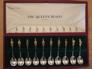 Comyns Silver Queens Beasts Spoons,  Commemorate Queens 25th Wedding Anniversary photo