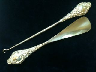 Antique Silver Handle Shoe Horn & Button Hook Set Chester 1905 Ref1746/3 photo