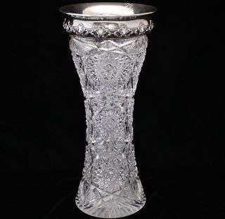 Huge American Brilliant Period Abp Cut Glass & Gorham Sterling Silver Roses Vase photo