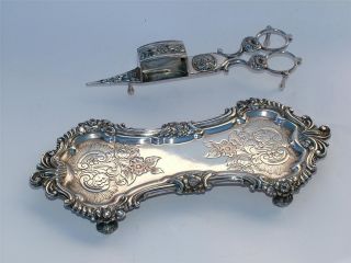 Fine Old Sheffield Plate Candle Snuffer & Wick Trimming Scissors On Tray photo