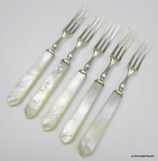 5 Quality Antique 1920 ' S Mother Of Pearl & Silver Plate Dessert Fruit Forks photo