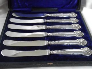 Cased Set Of 6 Sterling Silver Handled Butter Knives Kings Husk Pattern photo