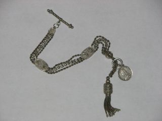 Rare Unusual Design Antique 1800 ' S Pocket Watch Chain & Silver Coin Fob & T - Bar photo