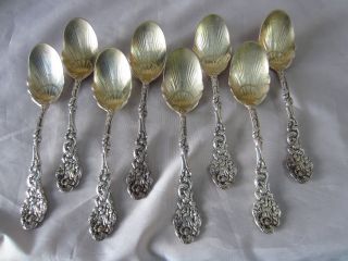8 Antique Gorham Sterling Versailles Pattern Ice Cream Spoons W/ Gold Wash Bowls photo