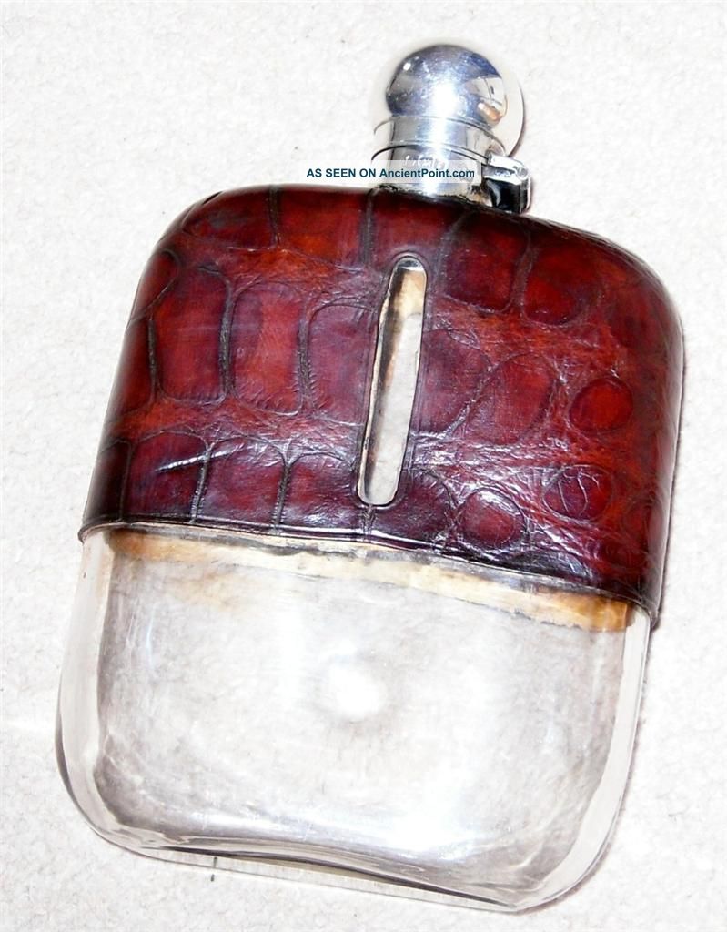 Antique Solid Silver Top Crocodile Leather Hip Flask Mappin & Webb Sheff.  1924 Other photo