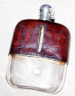 Antique Solid Silver Top Crocodile Leather Hip Flask Mappin & Webb Sheff.  1924 photo