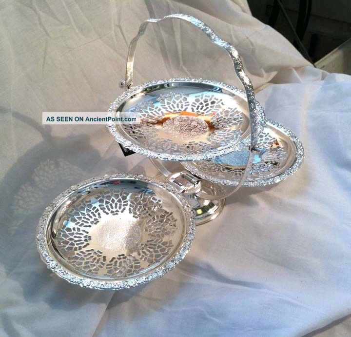 Vintage Mayell Queen Anne Silver Folding Serving Display Sweets Desserts 3 Tier Platters & Trays photo