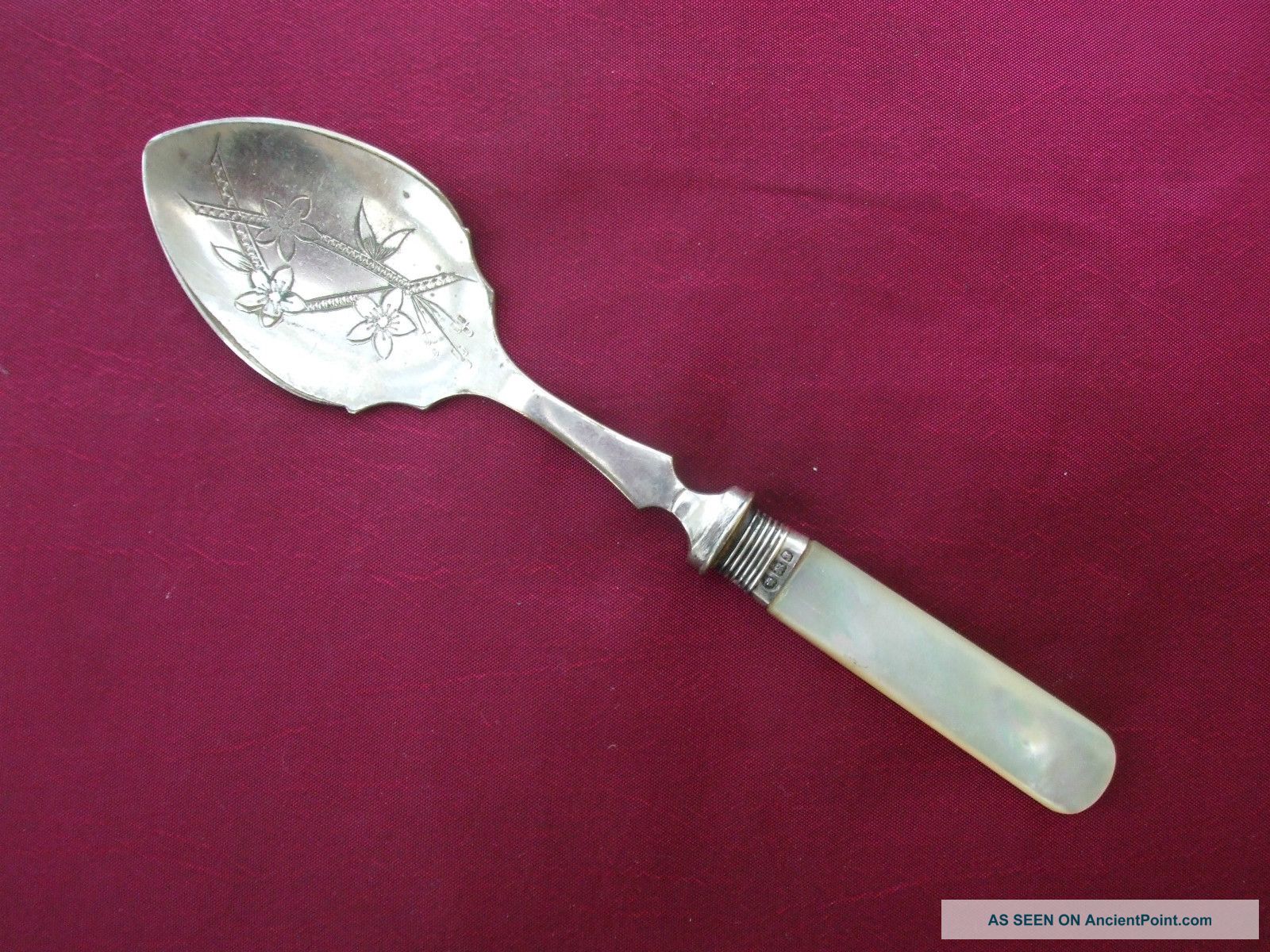 Solid Silver Collared Jam Spoon Mother Of Pearl Handle Sheffield Other photo