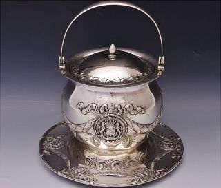 Amazing Antique Continental Solid Silver Armorial Biscuit Barrel Tea Caddy Jar photo