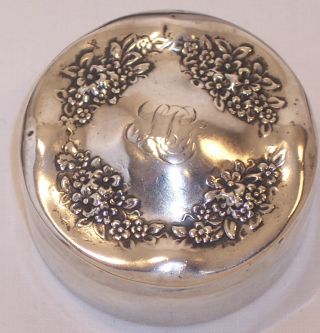 Old Antique Sterling Silver Sheibler Trinket Pill Vanity Box Repousse Flowers photo