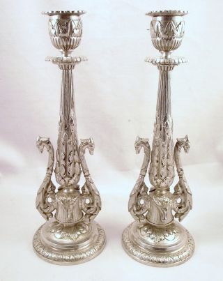 Pair Of Antique Silver Plated Continental Candlesticks - Animal Heads photo
