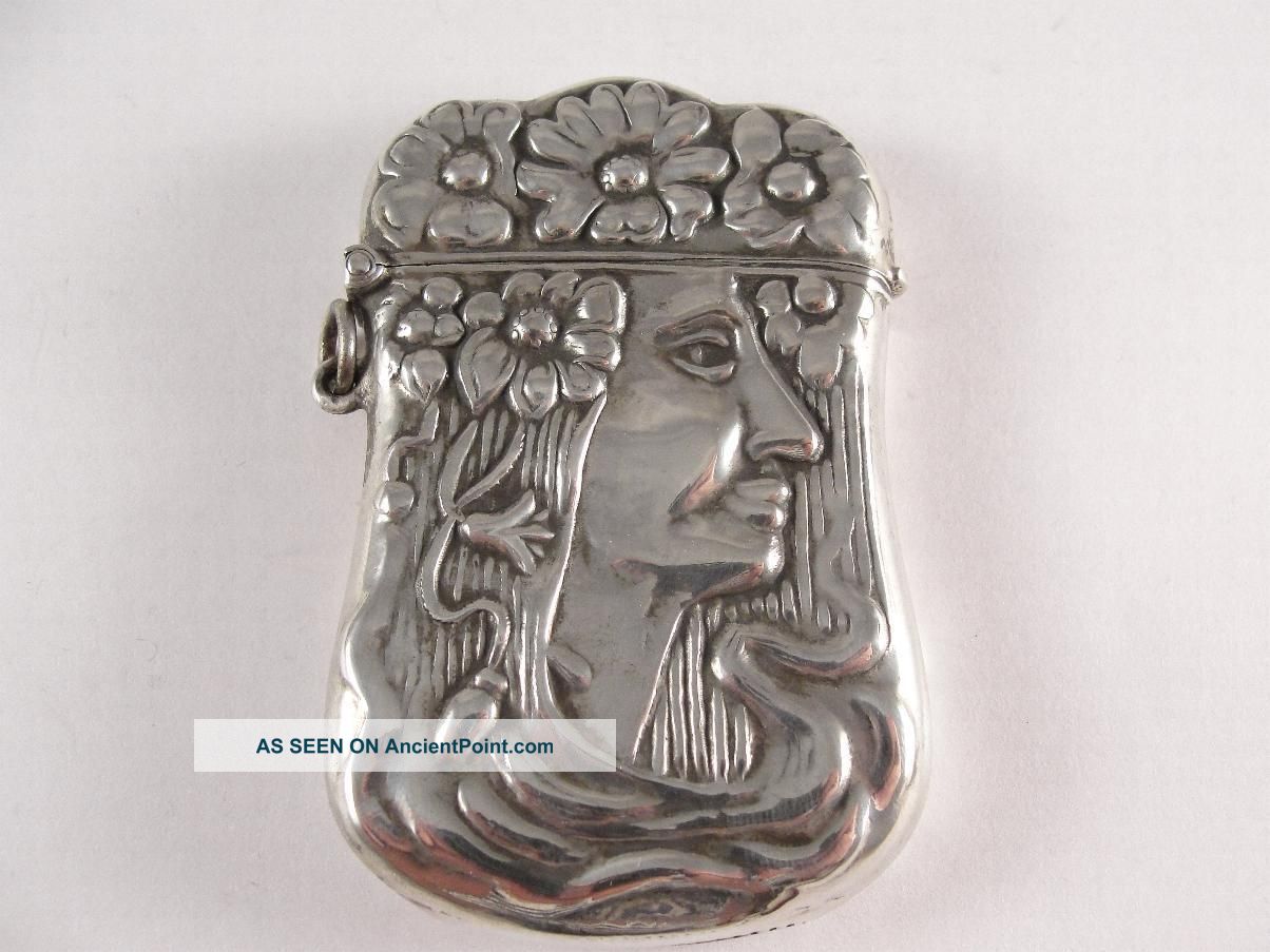 Fine Art Nouveau Silver Vesta Case.  Ladies Face With Flowers. Cigarette & Vesta Cases photo