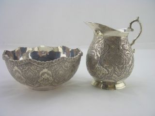 Iranian Silver Sugar Bowl & Creamer - 1900c 11oz Foliage Designs photo