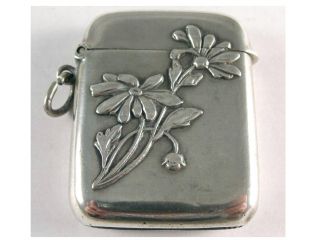 Good German Antique Art Nouveau Silver Vesta Case.  C1900.  Flower Decoration photo