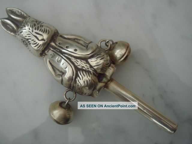 Solid Sterling Silver Hallmarked Peter Rabbit Baby Rattle With Two Bells Other photo