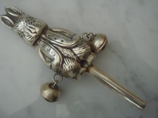 Solid Sterling Silver Hallmarked Peter Rabbit Baby Rattle With Two Bells photo