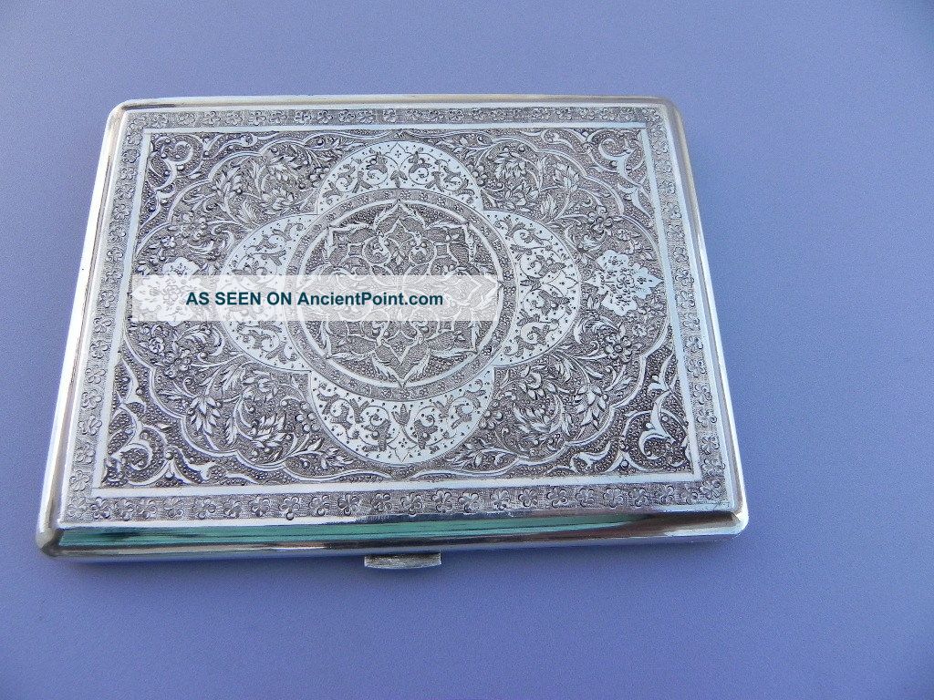 Finest Large Heavy Antique Persian Islamic Solid Silver Cigarette Case 206 Grams Middle East photo