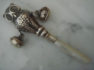 Solid Sterling Silver Hallmarked Owl Baby Rattle With Two Bells + Mother Pearl photo