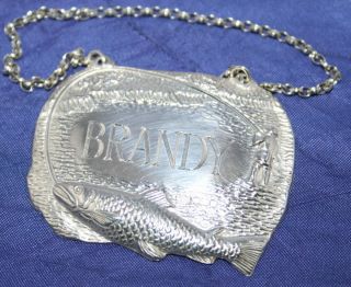 Unusual Vintage Fishing Solid Silver Brandy Decanter Label By Mappin & Webb photo
