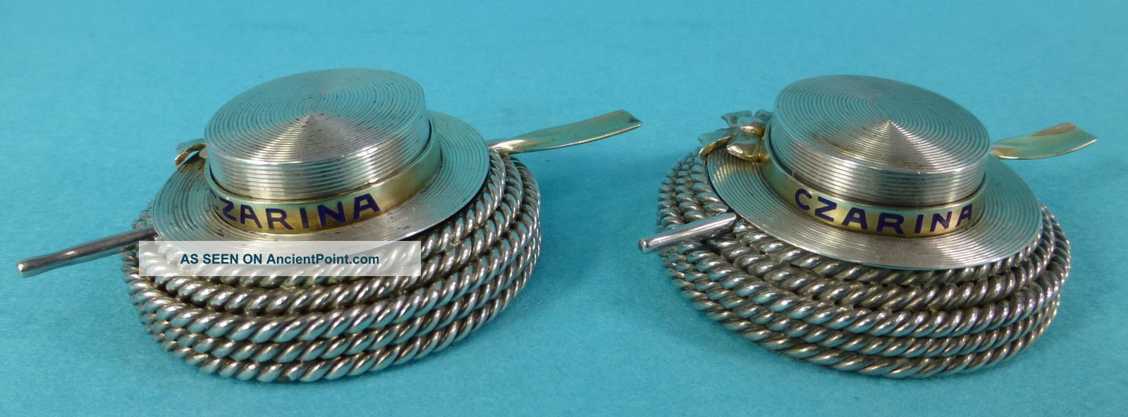 Rare Sterling Silver Gilt Enamel Salts Boaters Hats Ship Czarina Rope Oars 1876 Salt & Pepper Shakers photo